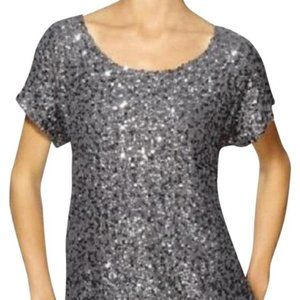 Michael Kors Silver Sequined Chiffon Gunmetal Blouse Size XS